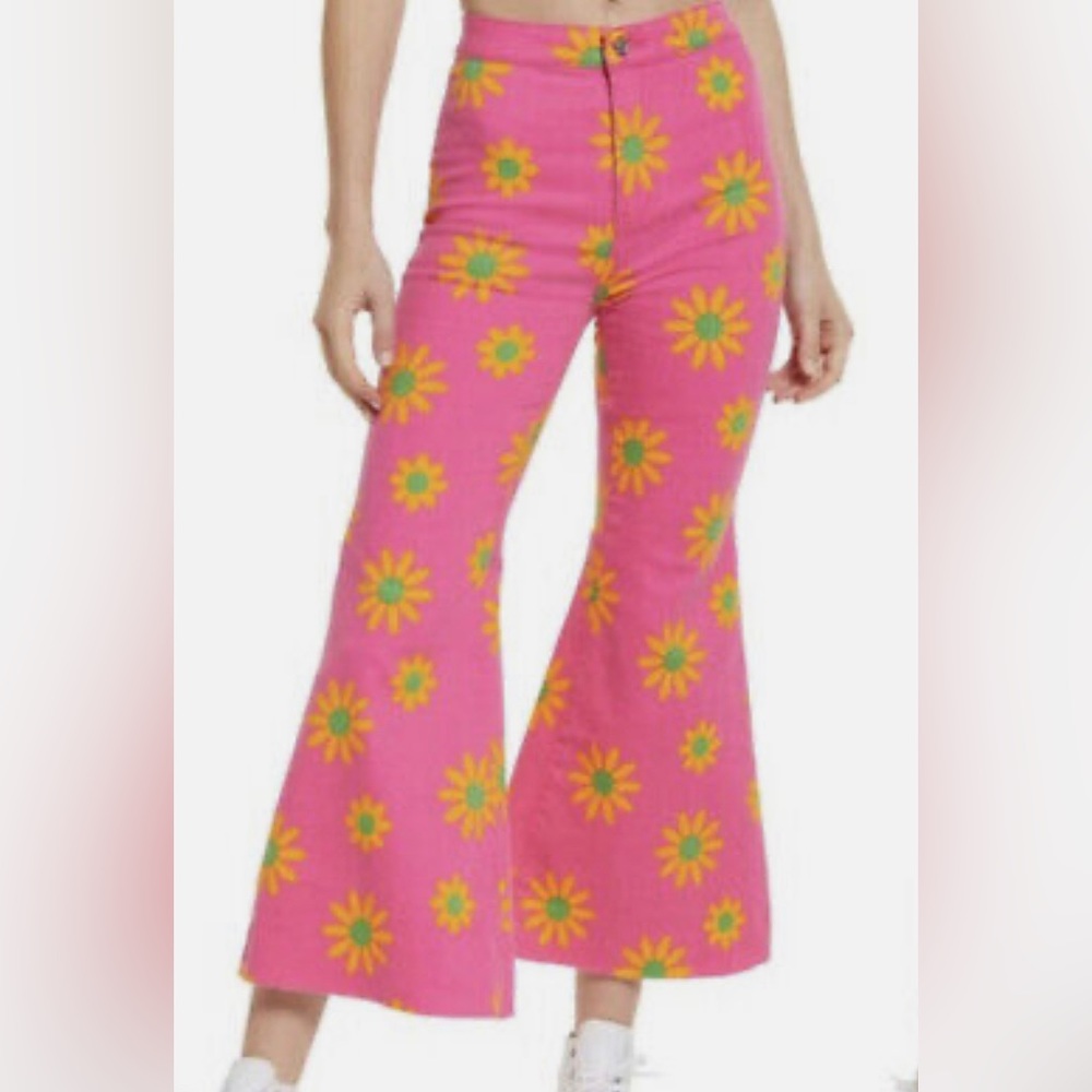 NWT Free People Youthquake Printed Crop Flare Jeans in Lipstick combo sz. 29
